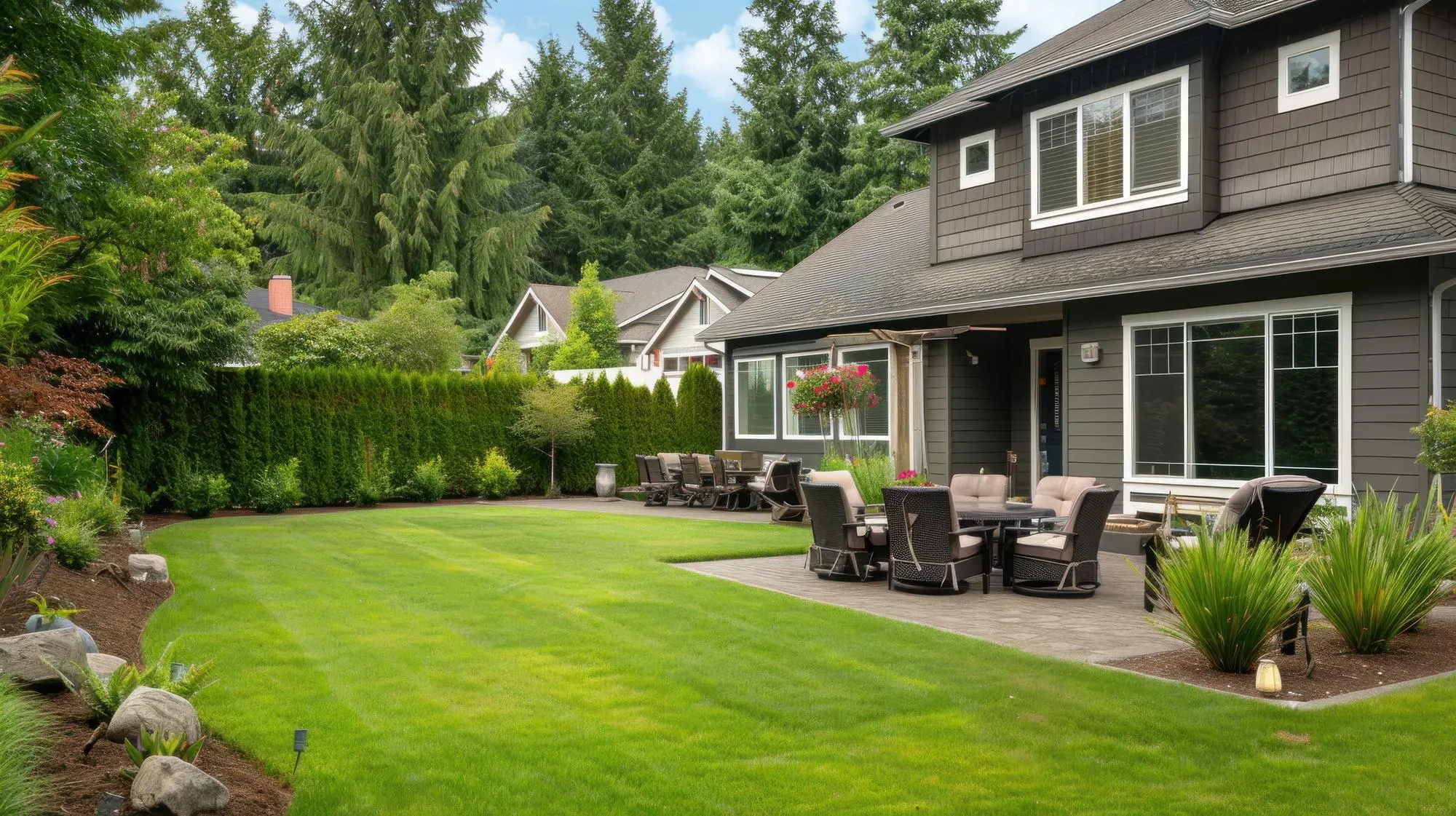 Spacious landscaped backyard and patio area, ideal for adding a 401k-funded ADU – TG Renovations