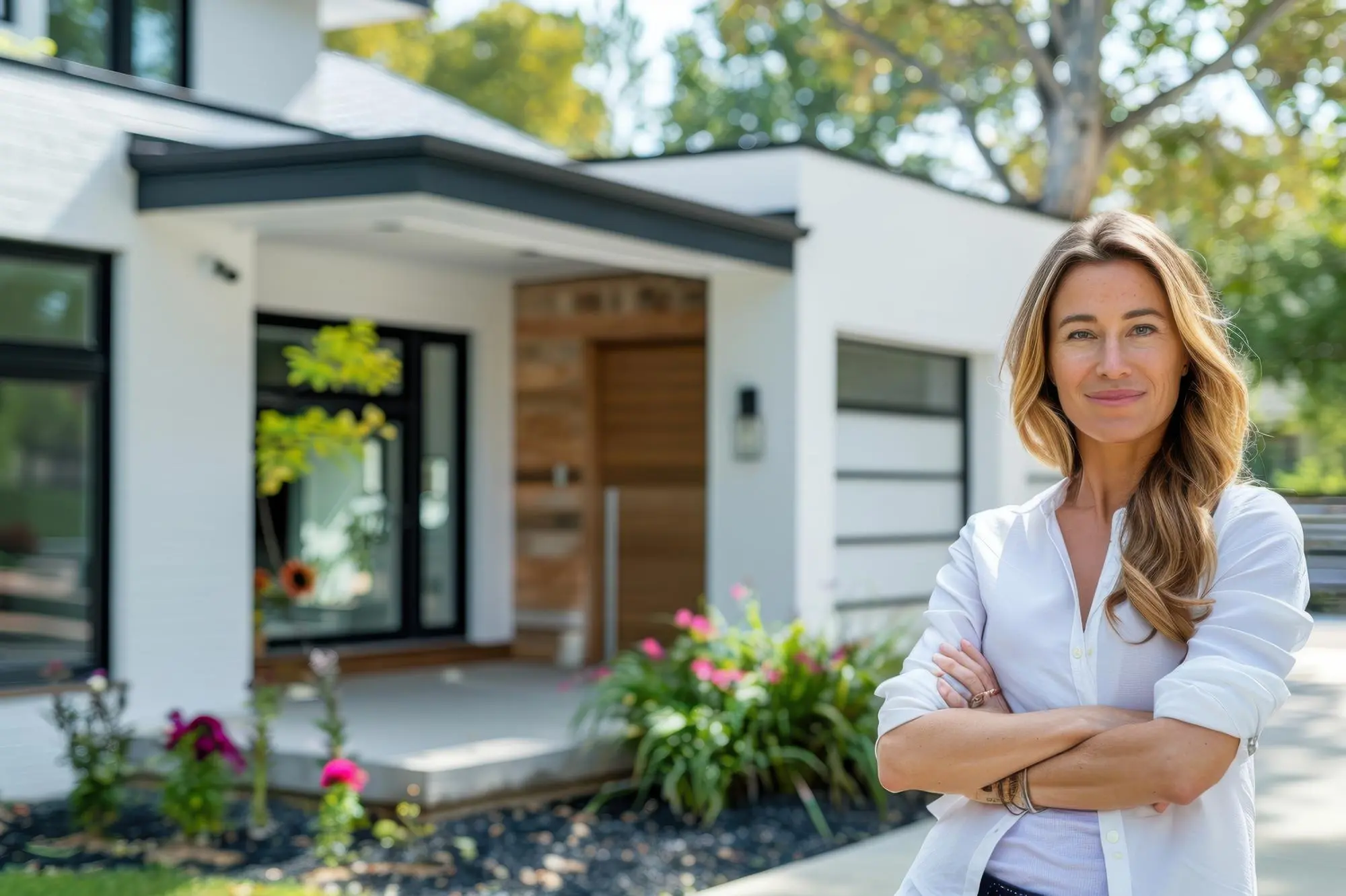 Smiling homeowner standing outside a modern home, representing ADU rental income potential in California – TG Renovations