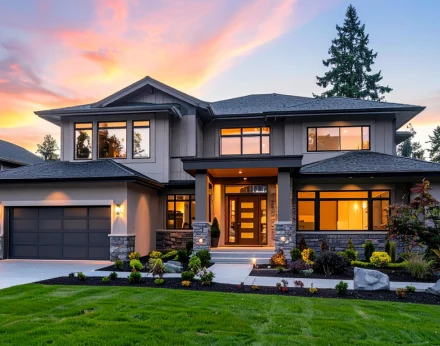 Exterior view of a luxury two story home with modern architectural design, dark roofing, and warm interior lighting at sunset tg renovations