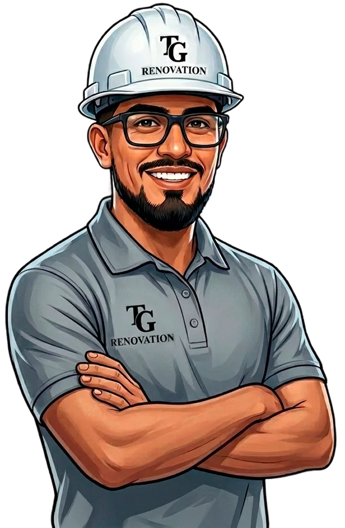 Illustrated brand character of a smiling professional contractor with glasses and a beard, wearing a white hard hat and gray polo shirt both featuring the TG Renovation logo tg renovations