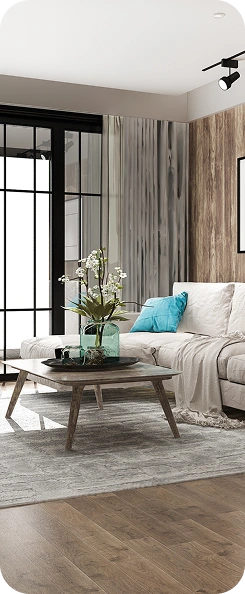 A contemporary living room design by TG Renovations showcasing a comfortable light-colored sectional sofa with a teal accent pillow, a rustic wooden coffee table with floral decor, and a wood-paneled accent wall.