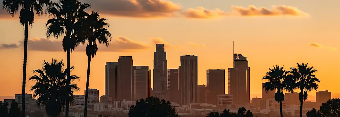 Silhouette of the Los Angeles skyline with tall palm trees and clouds against a vibrant orange sunset sky tg renovations
