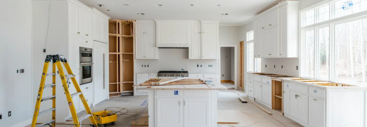 Interior view of a spacious kitchen under construction featuring custom white cabinets a central island yellow ladder and professional tools tg renovations